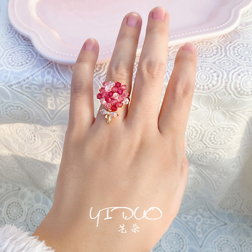 手工原创精致串珠花朵戒指女优雅温柔风小众设计轻奢高级感饰品