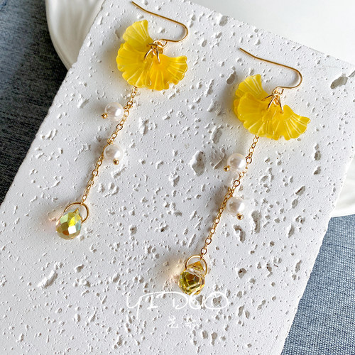 原创手工秋日黄色银杏叶耳环耳坠女小众文艺清新古风新中式耳饰