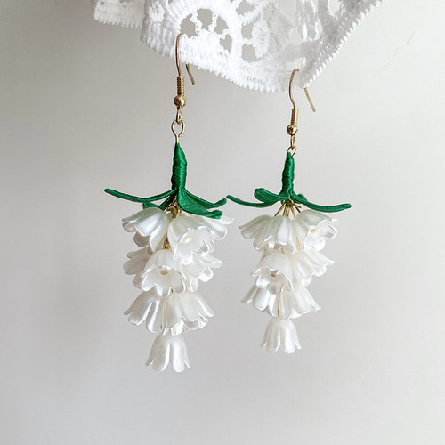 手工编织绿叶缠花白色铃兰花流苏耳环古风旗袍新中式国风耳饰配饰