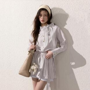 短裙子MIU系2025新款 NEOTCG春夏季 洋装 衬衫 女 天丝波点条纹长袖