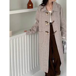 白色双面羊绒大衣女秋冬季2025新款韩系温柔中长款牛角扣毛呢外套