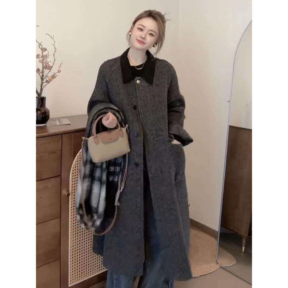 双面羊绒大衣女撞色领拼接气质休闲宽松时尚羊毛中长款毛呢外套