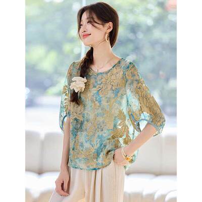 2025夏日新款爆款年轻版真丝桑蚕丝上衣女2025新款爆款薄短袖衬衫