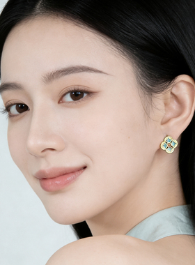 新中式 四叶草925银针珐琅滴釉高级感老钱风耳饰几何钱币耳钉耳环