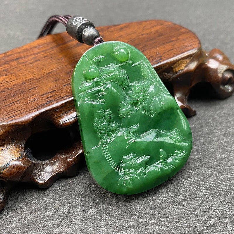 淑丽芙翡翠无事牌碧玉和田玉山水牌吊坠男女款菠菜绿玉石玉器挂件