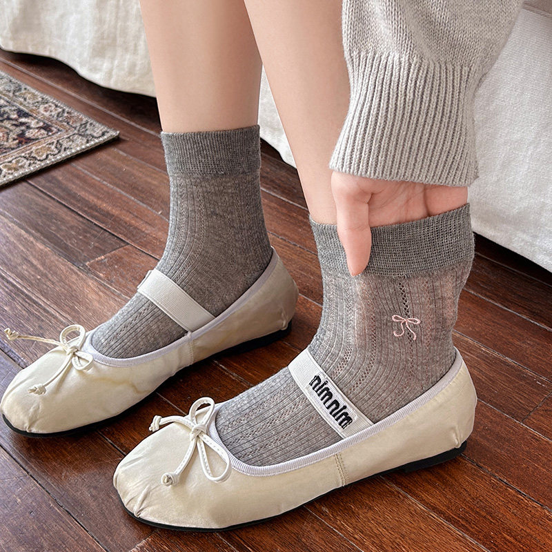 芭蕾风蝴蝶结袜子女中筒纯棉夏季薄款网眼透气深灰色夏天无骨短袜,女士内衣/男士内衣/家居服,短袜,淘宝优惠券,粉丝福利购,淘宝优惠卷