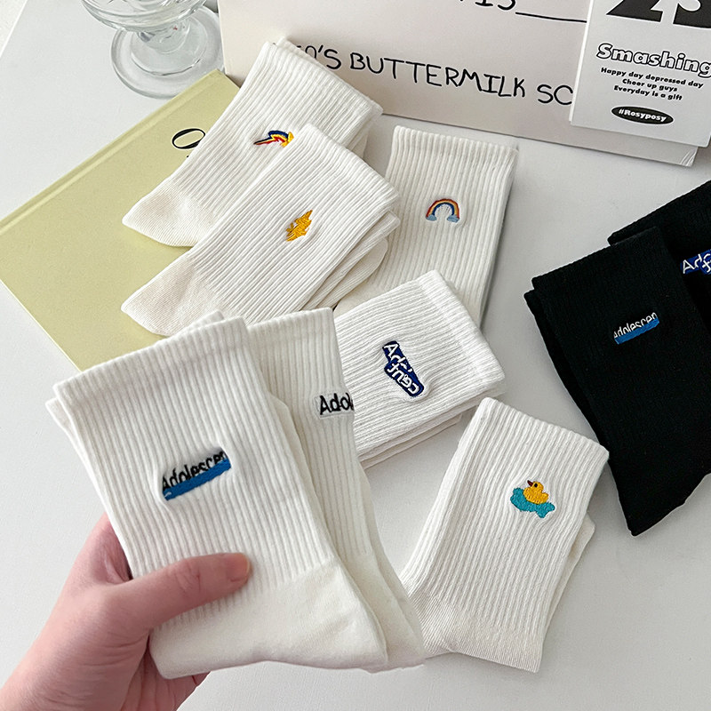 白色袜子女中筒纯棉春秋季可爱日系卡通男生情侣款ins潮秋冬长袜