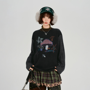 新款 t恤女秋季 设计感宽松休闲上衣 复古印花拼接长袖 Girlyhalo美式