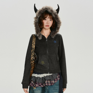 设计感修身 短款 上衣 复古毛领连帽卫衣外套女秋新款 Girlyhalo美式