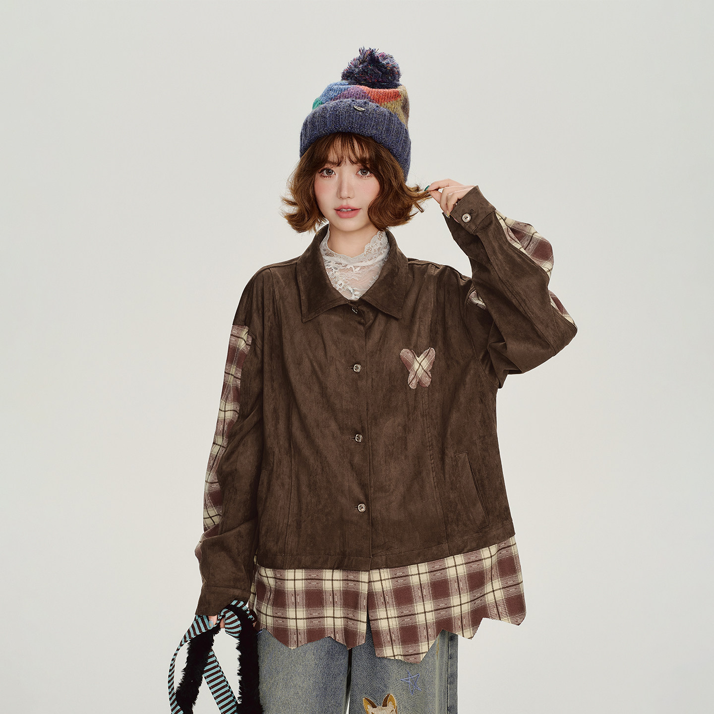 Girlyhalo美式复古格纹假两件翻领外套女秋季新款设计感宽松上衣