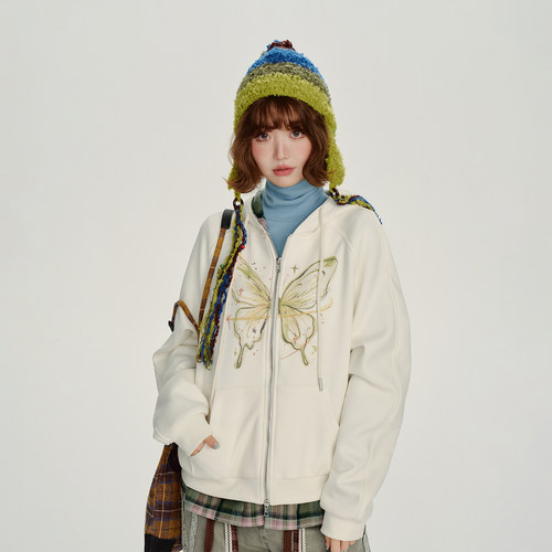 Girlyhalo美式复古印花连帽卫衣外套女冬季新款加绒保暖宽松上衣