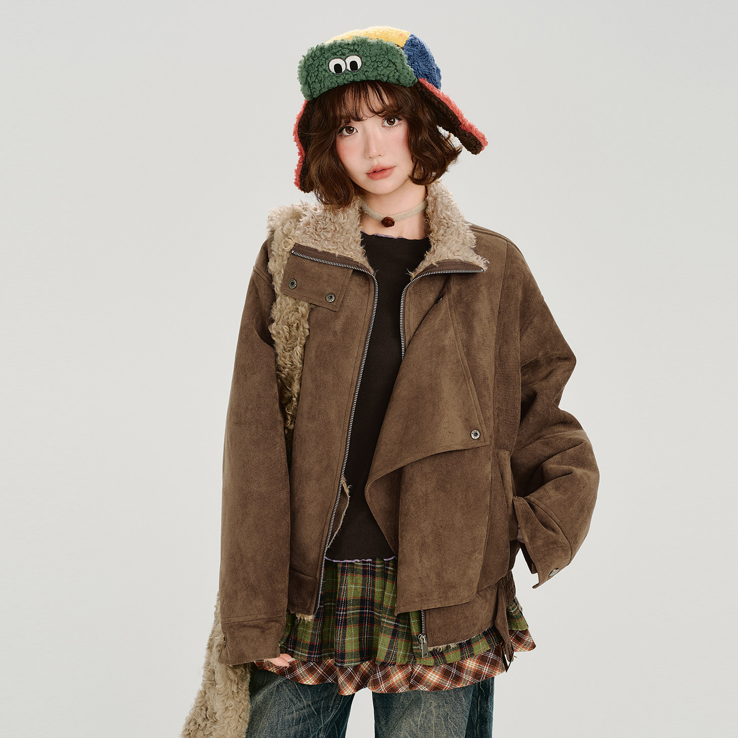 Girlyhalo美式复古皮毛一体翻领外套女冬季新款设计感宽松上衣