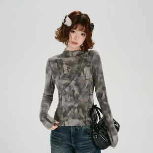 Girlyhalo美式复古辣妹晕染半高领长袖t恤女春新款设计感修身上衣