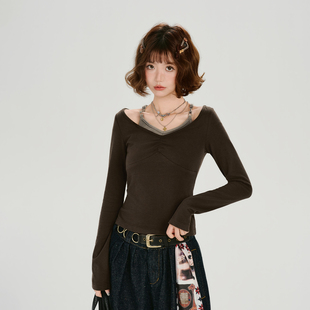 Girlyhalo美式复古辣妹撞色挂脖长袖t恤女春秋新款修身显瘦上衣