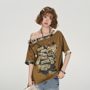 新款 t恤女夏季 宽松显瘦上衣 复古格纹拼接斜肩短袖 Girlyhalo美式