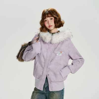 Girlyhalo美式复古毛领连帽外套女秋冬季新款设计感修身开衫卫衣