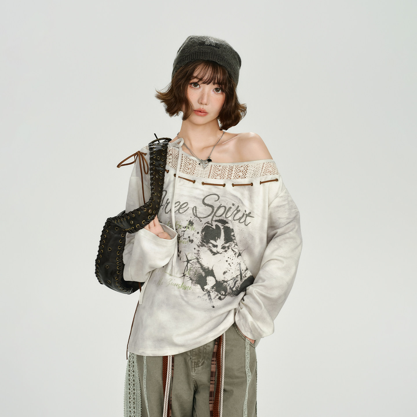 Girlyhalo美式复古印花拼接设计感长袖t恤女秋季新款辣妹宽松上衣