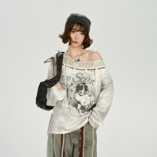 新款 t恤女秋季 辣妹宽松上衣 复古印花拼接设计感长袖 Girlyhalo美式