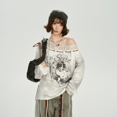 Girlyhalo美式复古印花拼接设计感长袖t恤女秋季新款辣妹宽松上衣