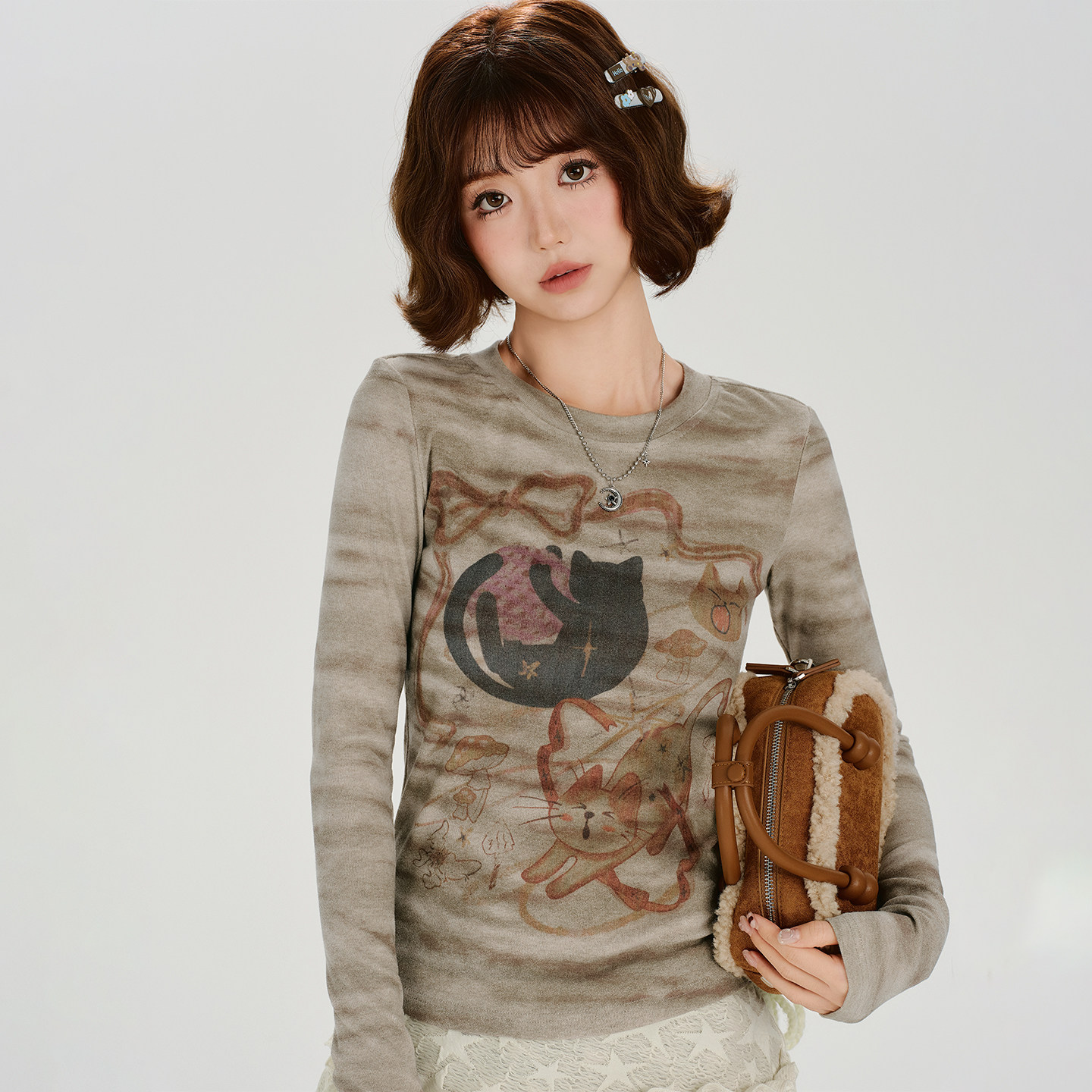 Girlyhalo美式复古辣妹印花圆领长袖t恤女秋季新款修身显瘦上衣