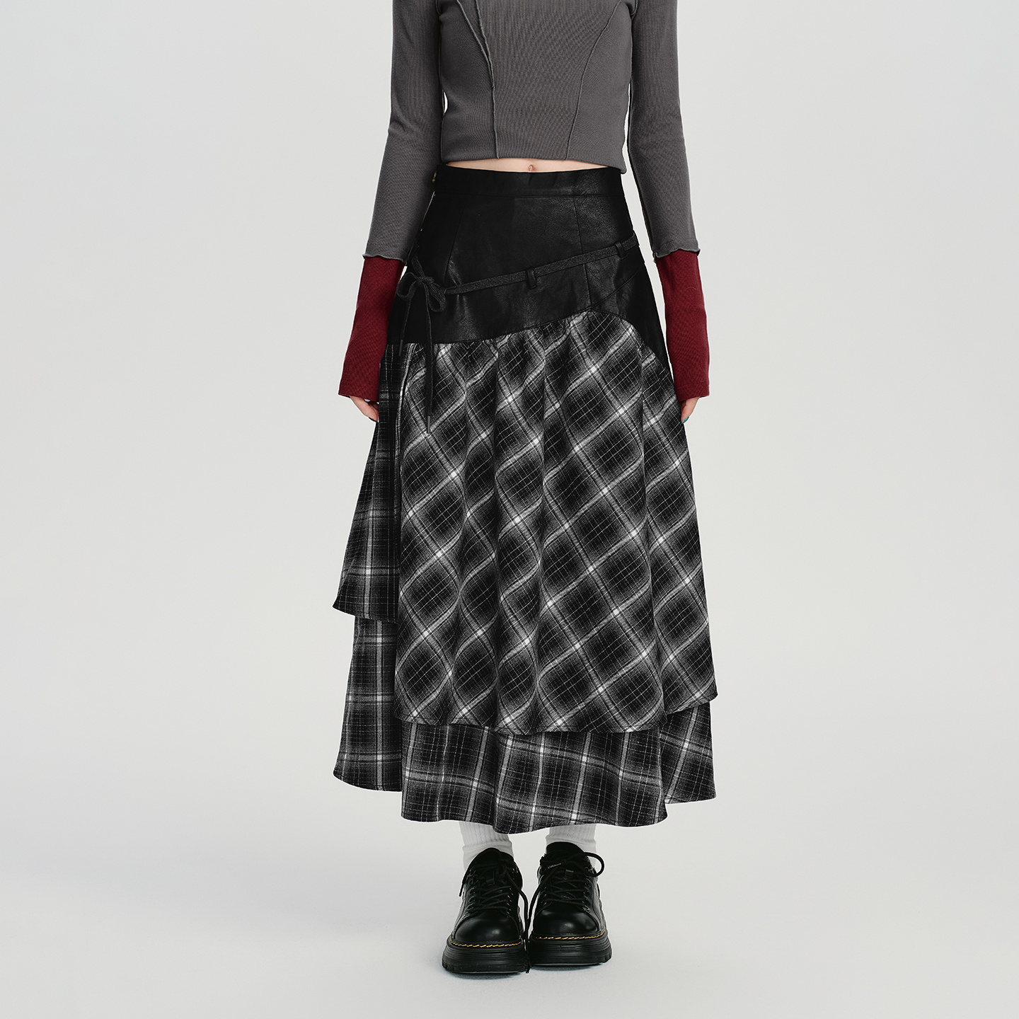 Girlyhalo美式复古设计感双层拼接格纹半身裙女秋新款宽松a字长裙