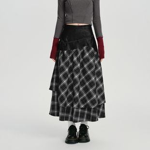 Girlyhalo美式 宽松a字长裙 复古设计感双层拼接格纹半身裙女秋新款