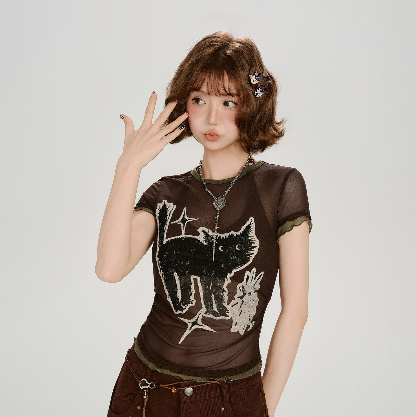 Girlyhalo美式复古辣妹印花网纱短袖t恤女夏新款撞色拼接叠穿罩衫