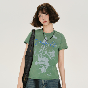 复古做旧印花正肩短袖 修身 t恤女夏季 短款 上衣 新款 Girlyhalo美式