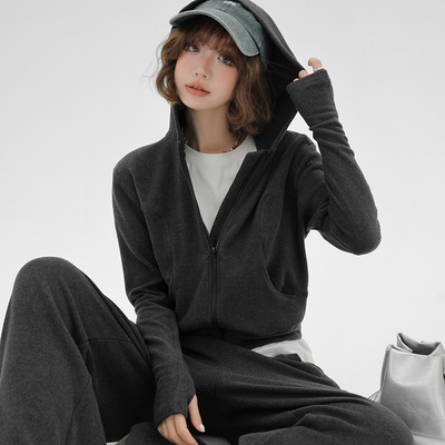 Girlyhalo韩式运动休闲卫衣套装女春秋新款慵懒风连帽卫衣阔腿裤