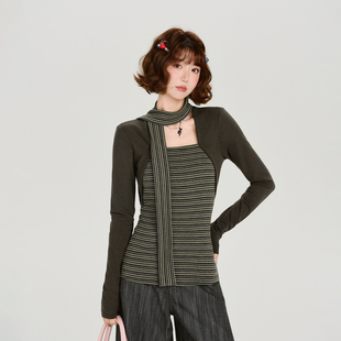 辣妹修身 Girlyhalo美式 新款 t恤女秋季 显瘦上衣 复古条纹假两件长袖