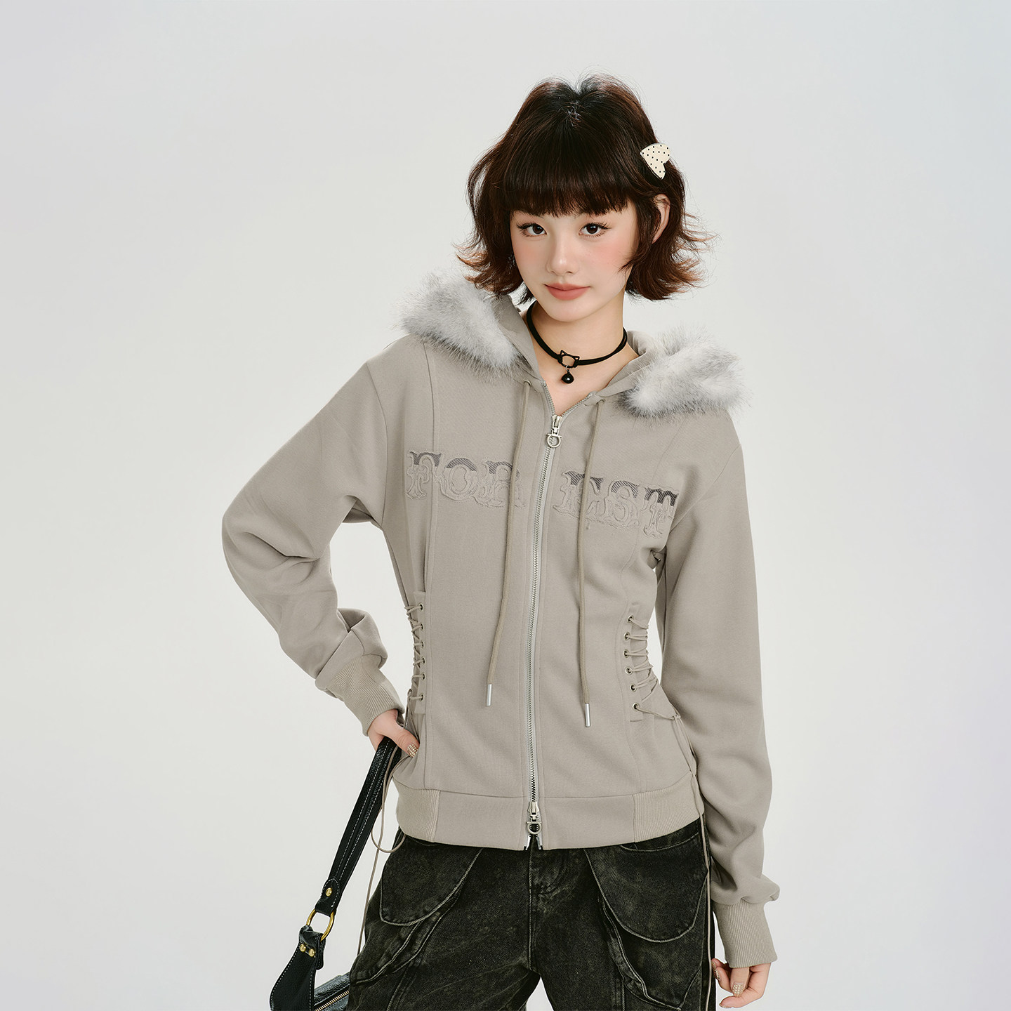 Girlyhalo美式复古贴片绣连帽卫衣开衫女秋新款毛领修身绑带外套