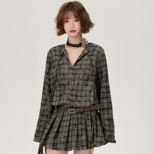 Girlyhalo复古格子连衣裙女长袖 春秋辣妹宽松显瘦系带百褶裙子