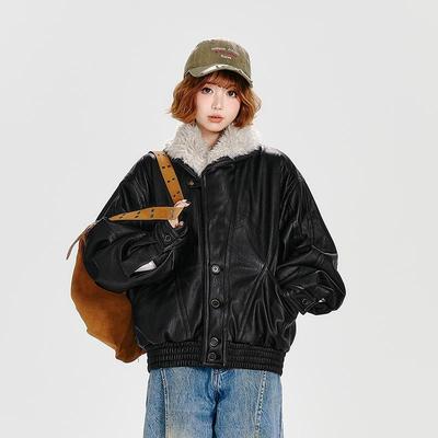 Girlyhalo美式复古黑色皮衣外套女秋冬宽松翻毛领绗棉保暖夹克