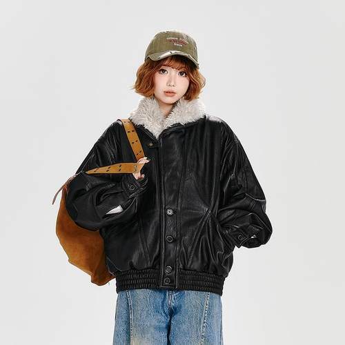 Girlyhalo美式复古黑色皮衣外套女秋冬宽松翻毛领绗棉保暖夹克