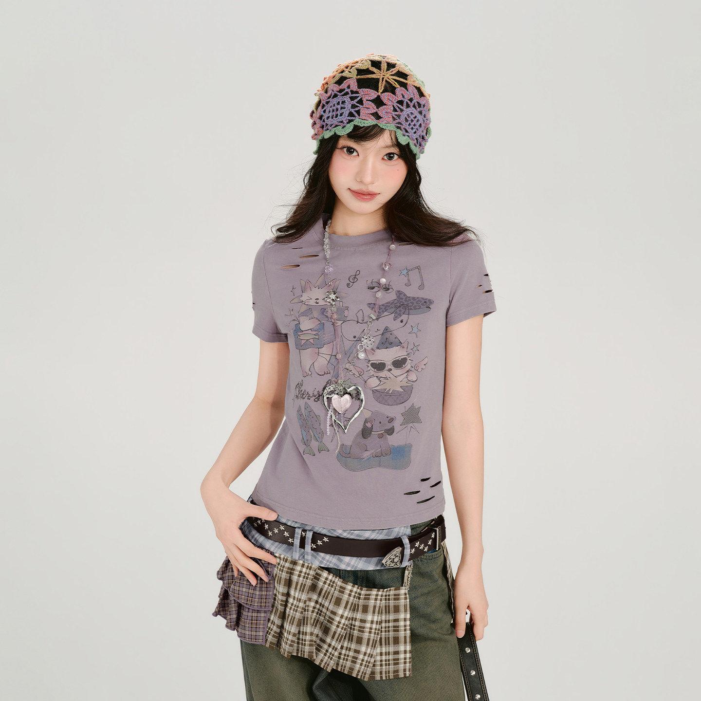 Girlyhalo美式复古圆领印花破洞短袖t恤女夏新款正肩修身显瘦上衣