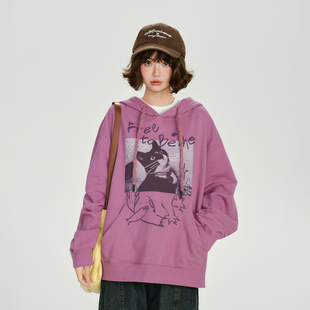 宽松慵懒上衣 新款 Girlyhalo美式 复古水洗刺绣印花连帽卫衣女秋季