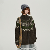 Girlyhalo美式 加厚保暖宽松上衣 复古费尔岛提花针织外套女冬新款