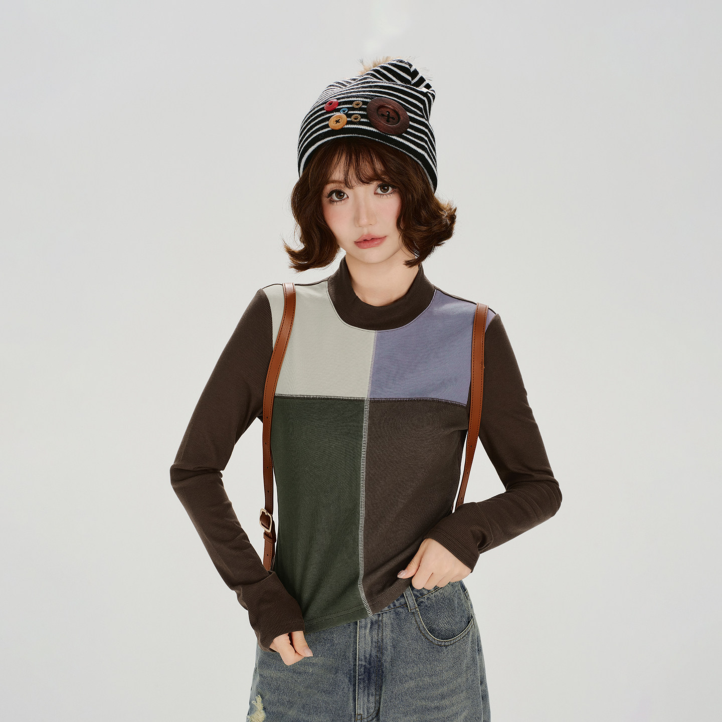 Girlyhalo美式复古拼接撞色长袖t恤女秋季新款设计感修身打底上衣,女装/女士精品,T恤,淘宝优惠券,粉丝福利购,淘宝优惠卷