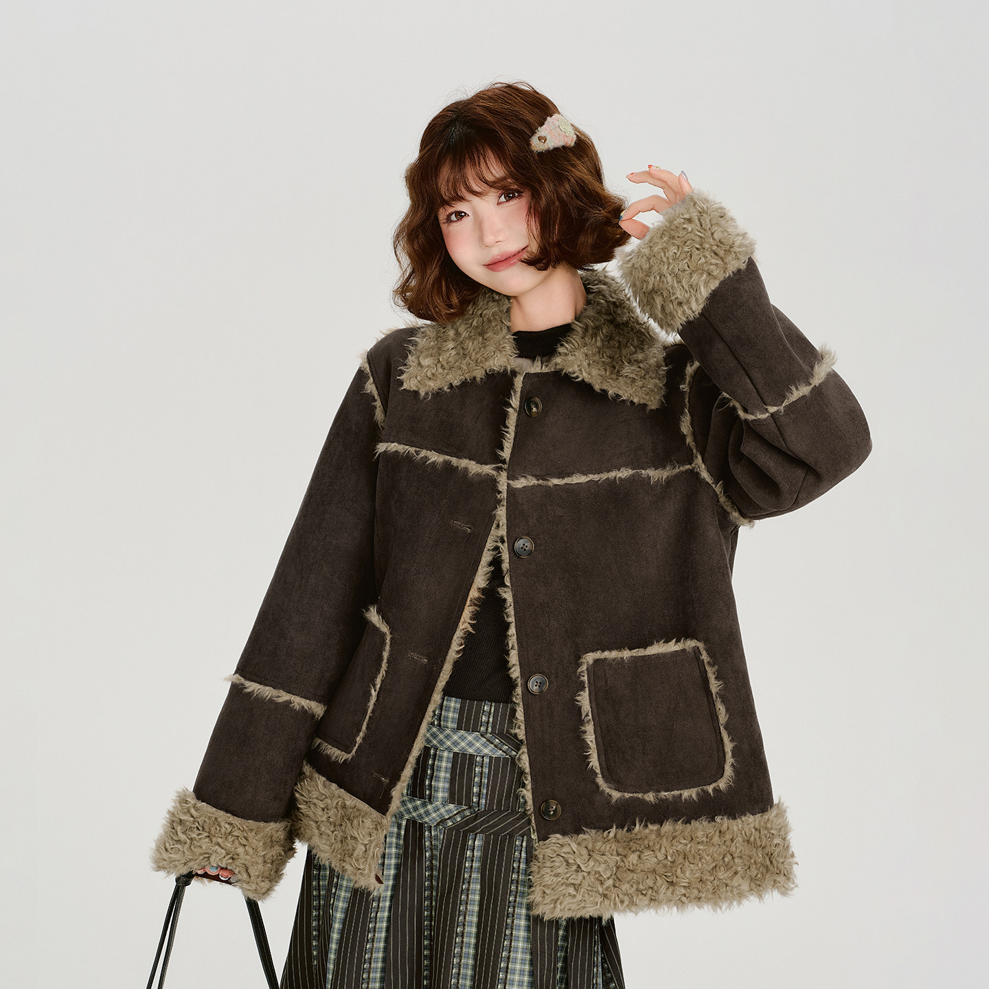 Girlyhalo美式复古翻领皮毛一体外套女冬季新款设计感宽松夹克