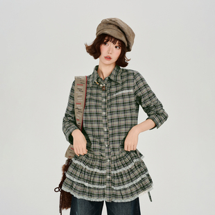 Girlyhalo美式复古格纹长袖衬衫连衣裙女秋季新款荷叶边收腰短裙