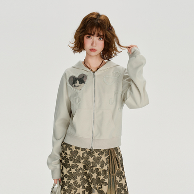 Girlyhalo美式复古印花珍珠连帽卫衣外套女秋季新款短款修身上衣