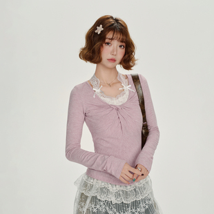 Girlyhalo美式复古假两件长袖t恤女秋季新款扭结设计感修身上衣