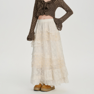 高腰长裙 新款 Girlyhalo美式 复古重工多层蕾丝蛋糕半身裙女秋季