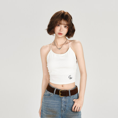Girlyhalo美式复古露背吊带背心女夏新款带胸垫短款内搭美背上衣