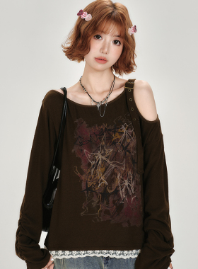 Girlyhalo美式复古露肩长袖t恤女春秋新款设计感小众宽松休闲上衣