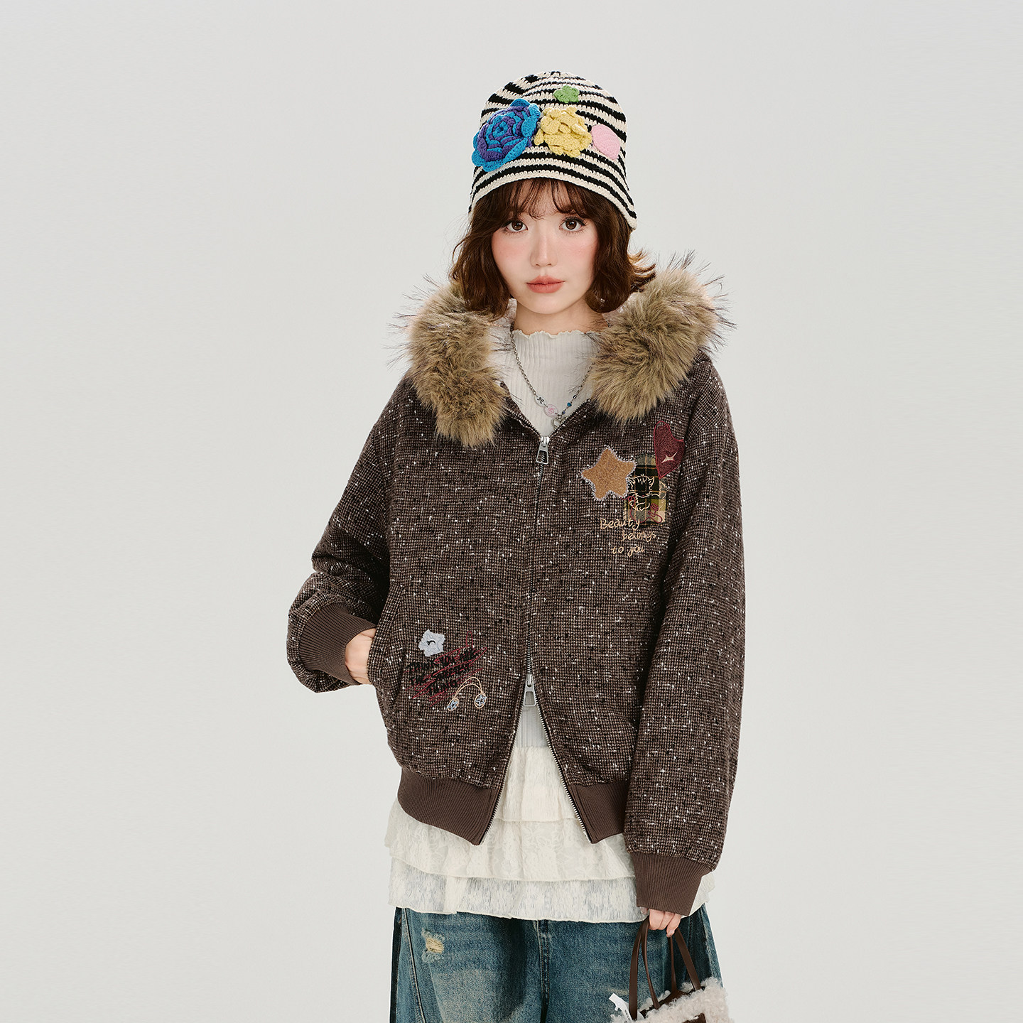 Girlyhalo美式复古毛领连帽刺绣外套女冬季新款设计感宽松上衣