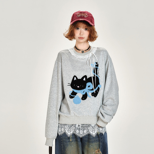 Girlyhalo美式复古下摆蕾丝花边套头圆领卫衣女秋季新款宽松上衣