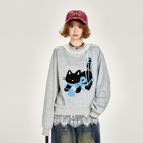 Girlyhalo美式复古下摆蕾丝花边套头圆领卫衣女秋季新款宽松上衣