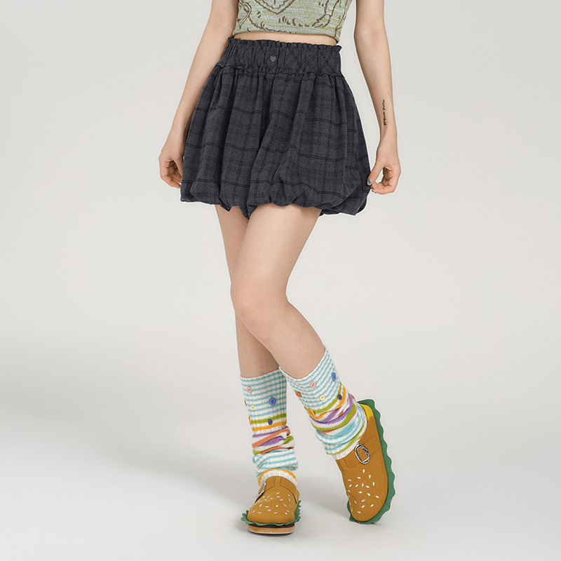 Girlyhalo美式复古格纹花苞短裙裤女夏季新款设计感高腰显瘦a字裙