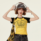 复古撞色插肩短袖 修身 t恤女夏季 辣妹短款 上衣 新款 Girlyhalo美式